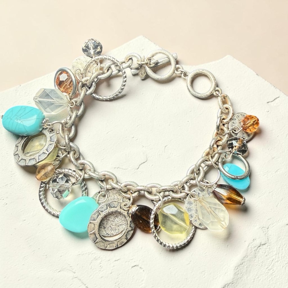 Silver Charm Bracelet with Turquoise and Amber Accents - Women's Jewelry